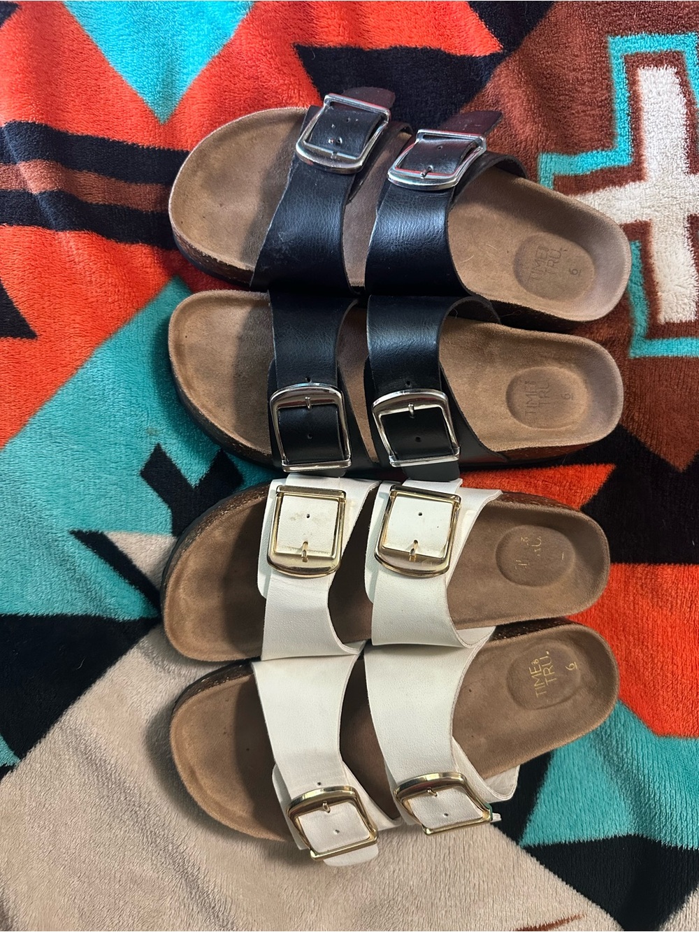 Time and Tru Double-Buckle Slide Sandals - Black & Off-White